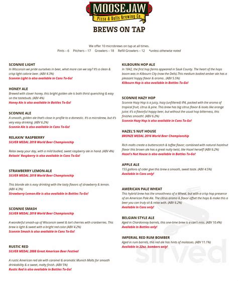 Moosejaw Pizza & Dells Brewing Co. menu in Wisconsin Dells, Wisconsin, USA
