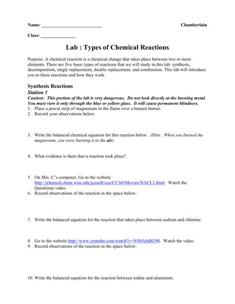 Image result for Types of Chemical Reactions Lab