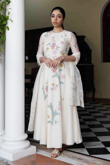 Buy White Muslin Cotton Floral Motifs Crew Applique Anarkali With ...