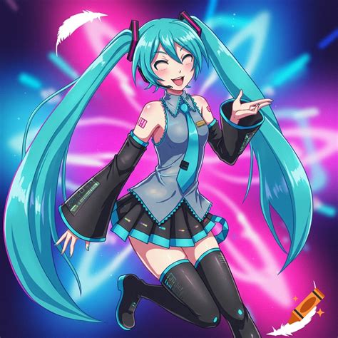 A plush toy of Hatsune Miku sits against a blurry blue background. on ...