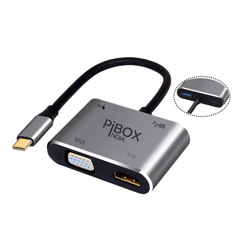 PiBOX India , USB C to HDMI VGA USB Adapter, Aluminium Type C USB hub 3 ...