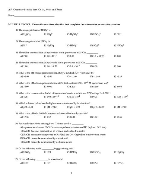 AP Chemistry Practice Test: Ch. 14, Acids and Bases | Lecture notes ...