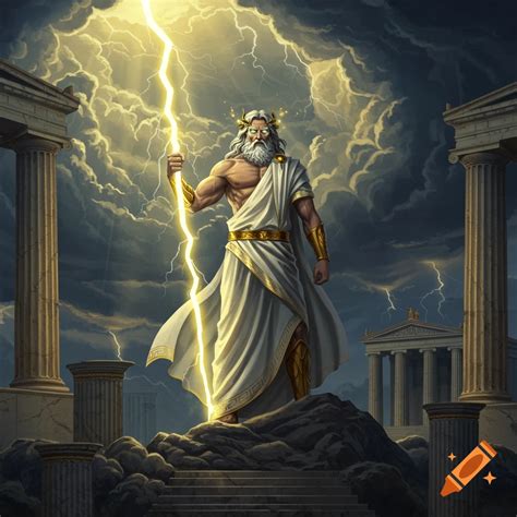 Zeus, king of the gods, stands powerfully on a rocky outcrop, holding a ...
