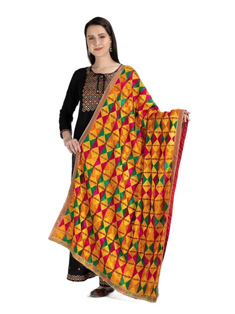 Buy Moda Chales Multicolour Phulkari with gold Lace Taping Made in ...