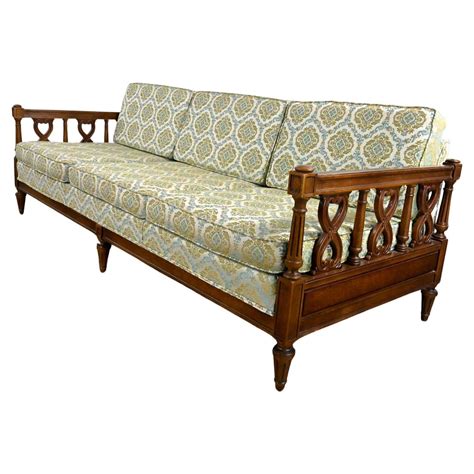 Vintage Spanish Revival Gold Textured Fabric Sofa Turned with Spindle ...