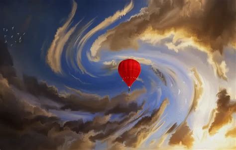 Download wallpaper the sky, clouds, birds, red, balloon, art, section ...