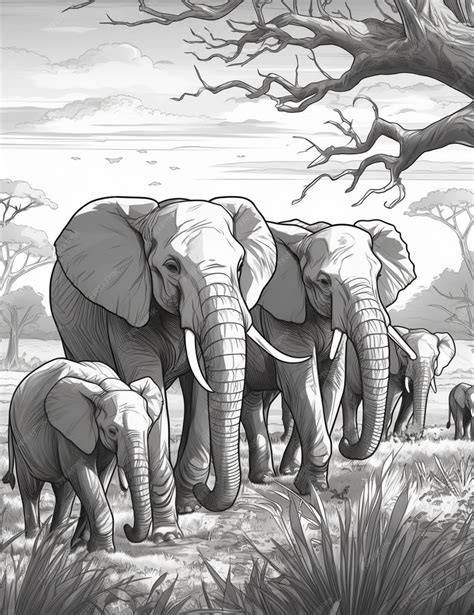 Premium AI Image | A drawing of elephants with a tree in the background