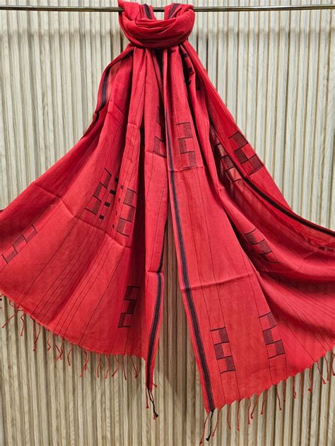 Red & Black Handloom Handwoven Jamdani Stole – Balaram Saha