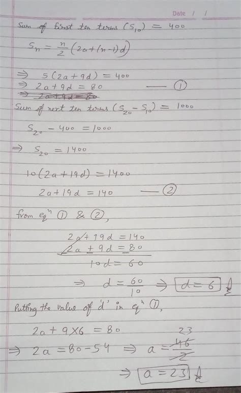 In an arithmetic progression the sum of the first ten terms is 400 and ...