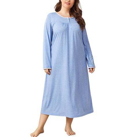 EFINNY Women's Plus Size Long Nightgown Lace Stitch Cotton Blend ...