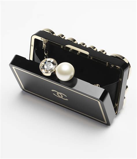 Evening bag, Plexi, strass, imitation pearls & gold-tone metal, black ...