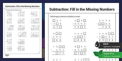 Subtraction - Fill in the Missing Numbers Activity Sheet