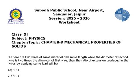 Class XI Physics: Mechanical Properties of Solids Worksheet - Studocu