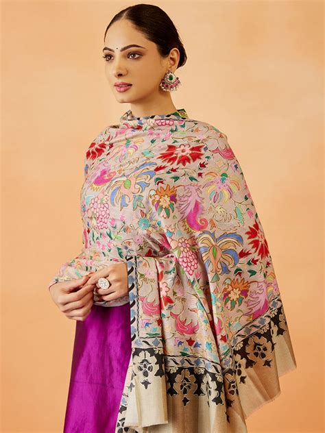 Women Shaheen Fine Wool Fabric Pashmina Kalamkari Embroidered Shawl (S