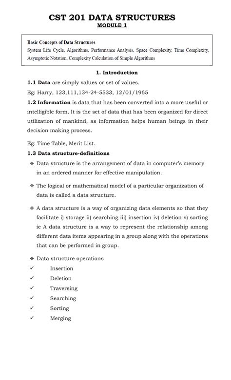 Module 1 Notes - data structure - CST 201 DATA STRUCTURES MODULE 1 ...