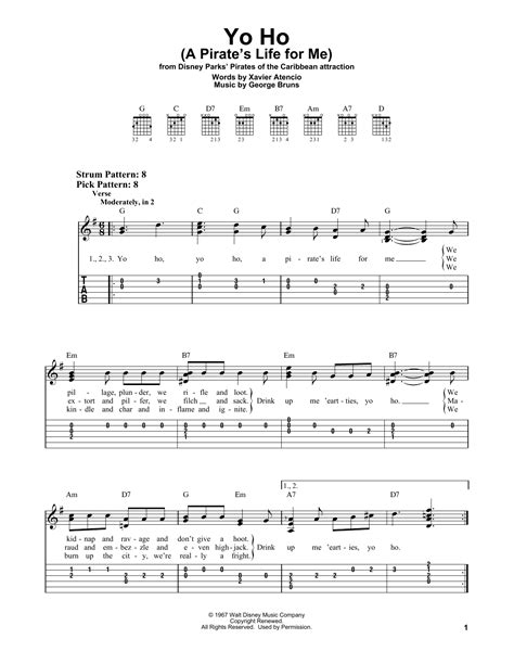 Yo Ho (A Pirate's Life For Me) (Easy Guitar Tab) - Print Sheet Music