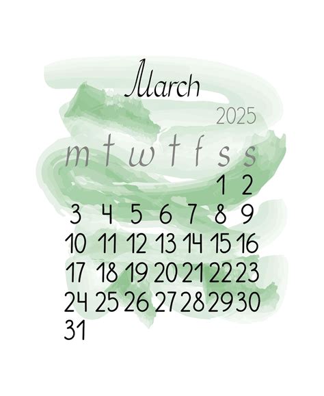 Plantilla mensual de calendario para marzo de 2025 en orientación ...