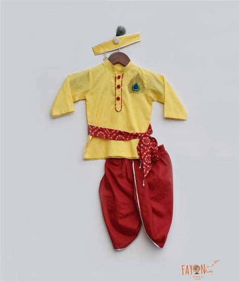 Shop Yellow Cotton Silk Kurta with Red Dhoti for Boys – FayonKids