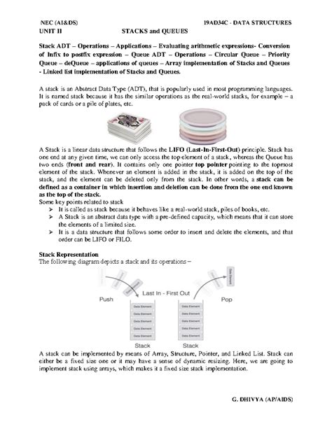 UNIT II - DS Notes - UNIT II STACKS and QUEUES Stack ADT – Operations ...