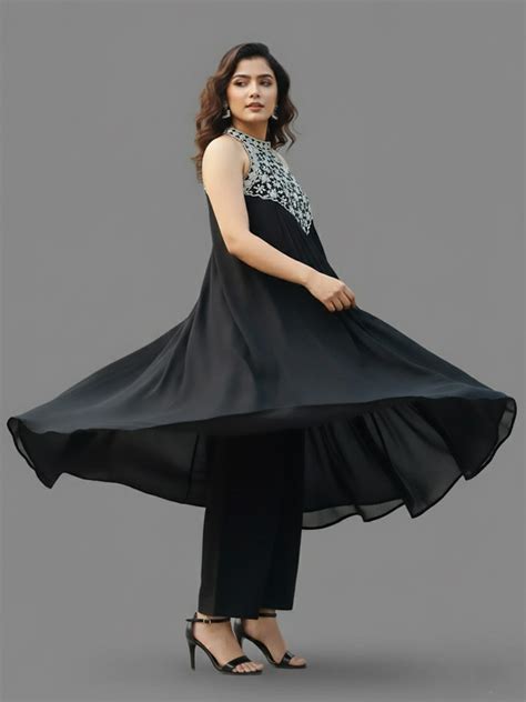 Black halter-neck A-line kurta featuring delicate white floral ...