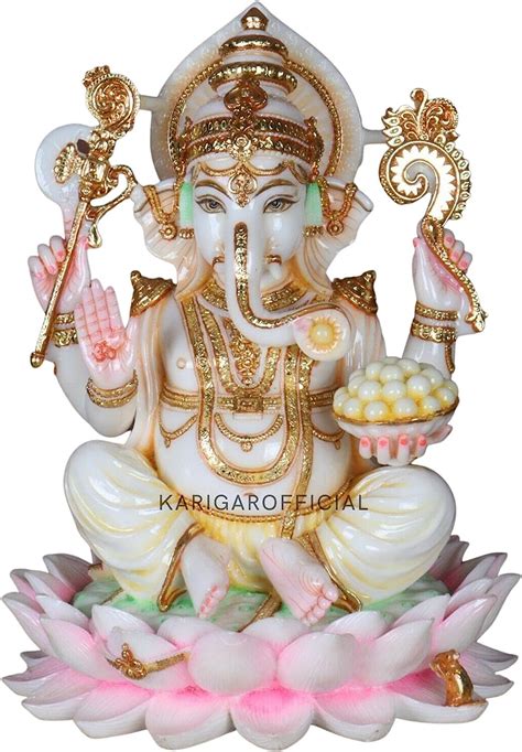 Buy Ganesha Murti Statue Sitting on Lotus Flower, Gold Leaf Ganpati ...