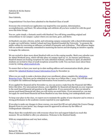 Stanford Acceptance Letter 2025
