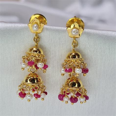 Radiant 2Step Jhumkas Featuring White Seed Pearl & Ruby Droplets | Pure ...
