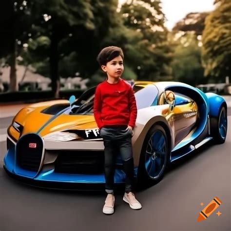 Boy standing next to a Bugatti car, with the name Asadullah on Craiyon