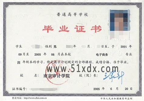 南京审计学院2005年本科毕业证样本图-东升学历咨询