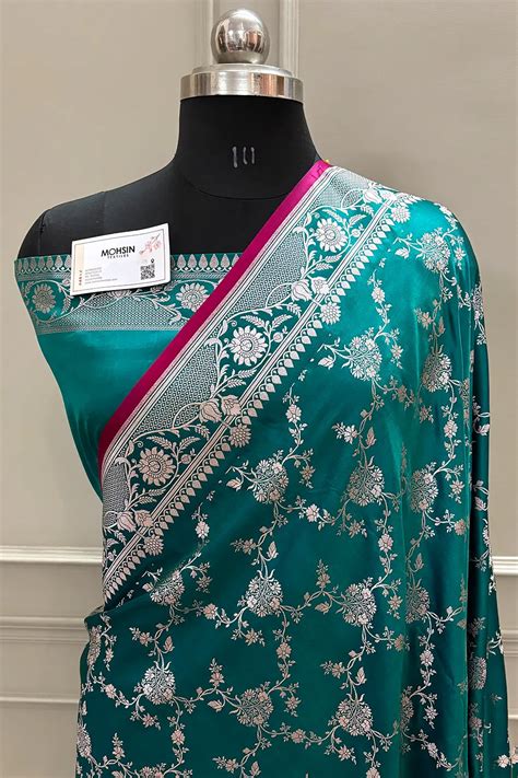 Teal Jhanjaal Katan Silk Banarasi Saree – Mohsin Textiles