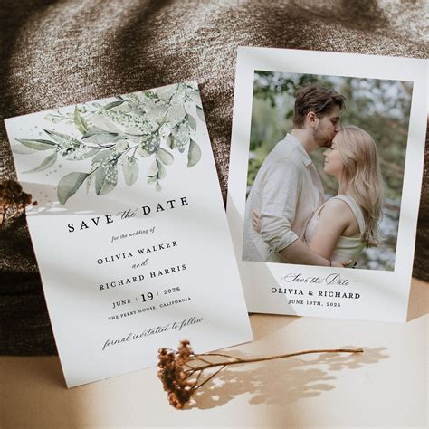 Sage Green Save the Date Cards Template, Photo Eucalyptus Wedding Save ...