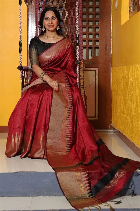 Buy Vivid Maroon Tussar Silk Saree 89237 Online | Karagiri