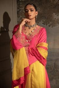 Buy Fuchsia Chanderi Silk, Organza, Crepe Sequins, Mirrors, Neckline ...