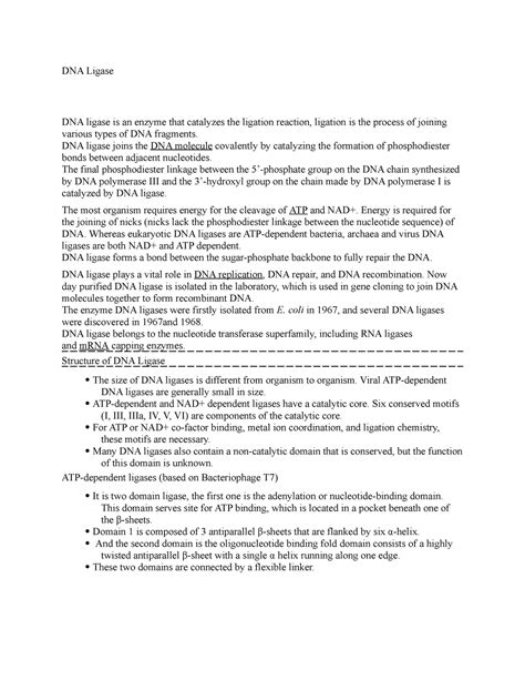 DNA Ligase - notes - DNA Ligase DNA ligase is an enzyme that catalyzes the ligation reaction ...