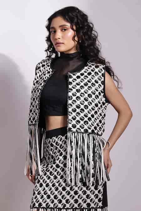 Buy Devina Juneja Black Hand-woven Pearl Fringe Jacket Online | Aza ...
