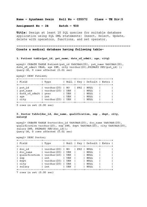 DBMS 2B - prac 2b - Name – Ayushman Swain Roll No – C35572 Class – TE ...