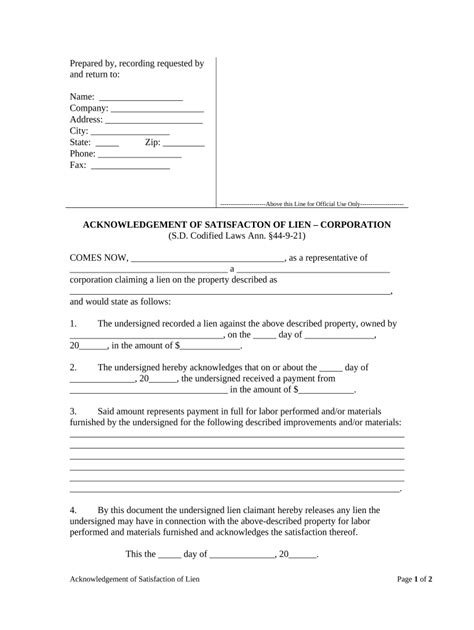 Acknowledgement of Satisfaction of Lien - Blank Fillable Template ...