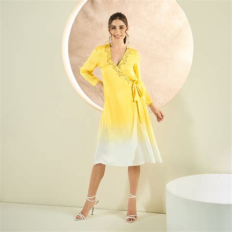 Sunflower Yellow Ombre Hand Embroidered Wrap Satin Dress – First Resort ...