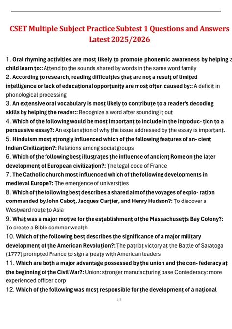 CSET Multiple Subjects: Practice Subtest I - Questions and Answers ...
