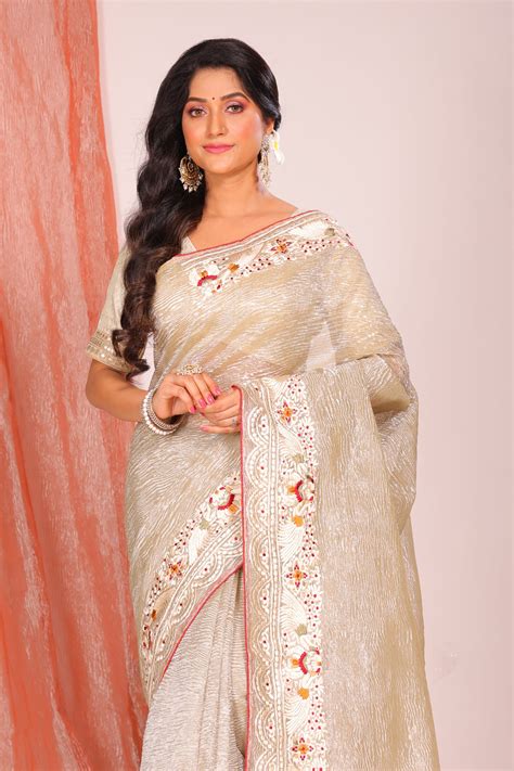 Crush tissue silk with parsi embroidery border saree – Morchari