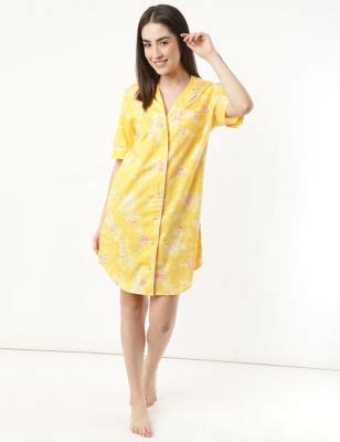 Pure Cotton Printed Lapel Neck Night Dress