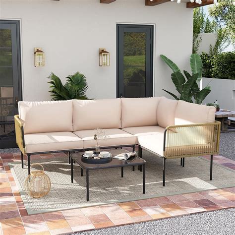 Eliana L-Shaped Rope Woven Outdoor Sofa Set (Beige & Cream) – LivIn Styles