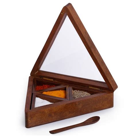 Pyramid Wooden Spice Box With Spoon (4 Containers) In Sheesham Wood ...