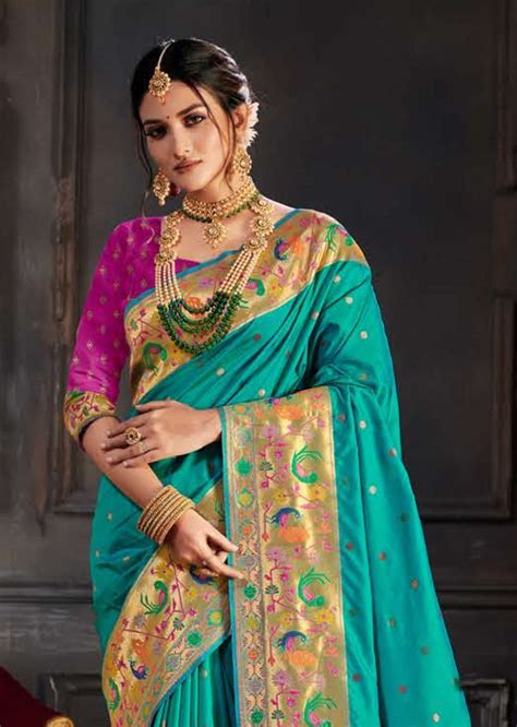 Aqua Blue Woven Traditional Paithani Silk Saree – zarikaariindia.com