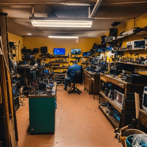 Lexica - A photo of a TV repair shop. The shop is well-organized with a ...
