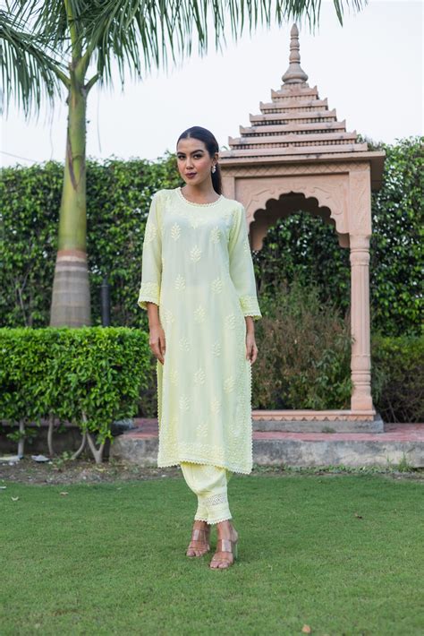Light Yellow Rayon Cotton Chikankari Kurta with Pathani Salwar (Set of ...
