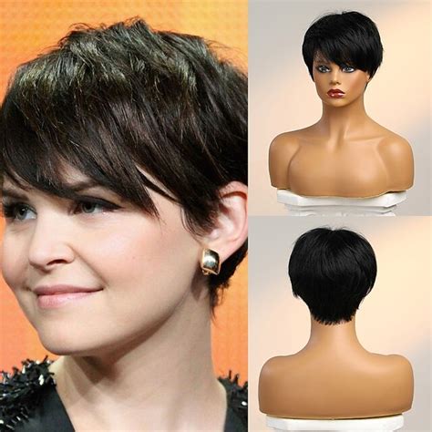Human Hair Blend Wig Short Natural Straight Pixie Cut Side Part Layered ...