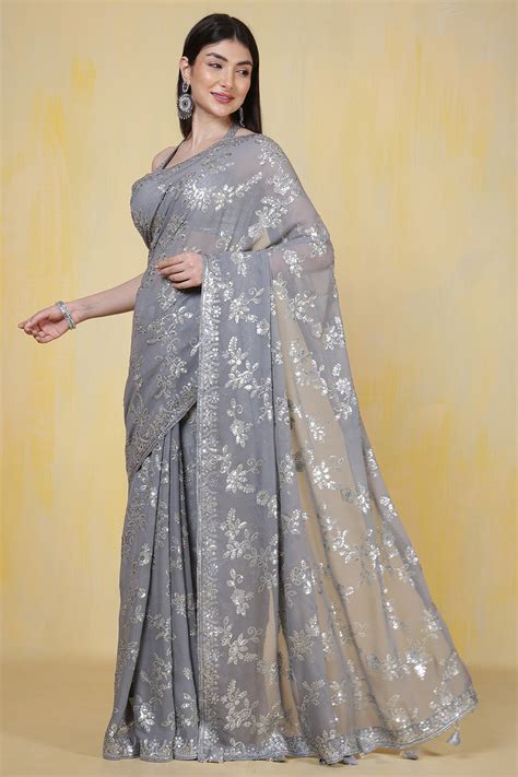 Grey Georgette Sequins Embroidered Saree – Meena Bazaar Shop