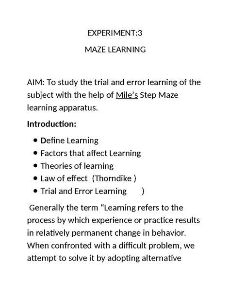 Maze Learning Experiment: Trial and Error Analysis in Psychology - Studocu