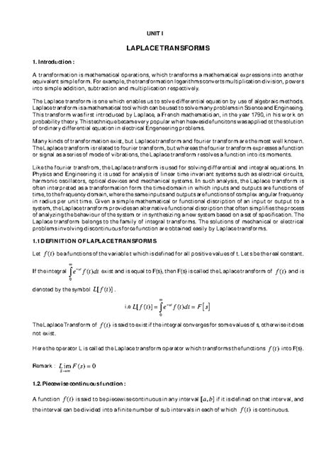 Laplace transforms - Sathyabama University CHAPTER - IV LAPLACE ...